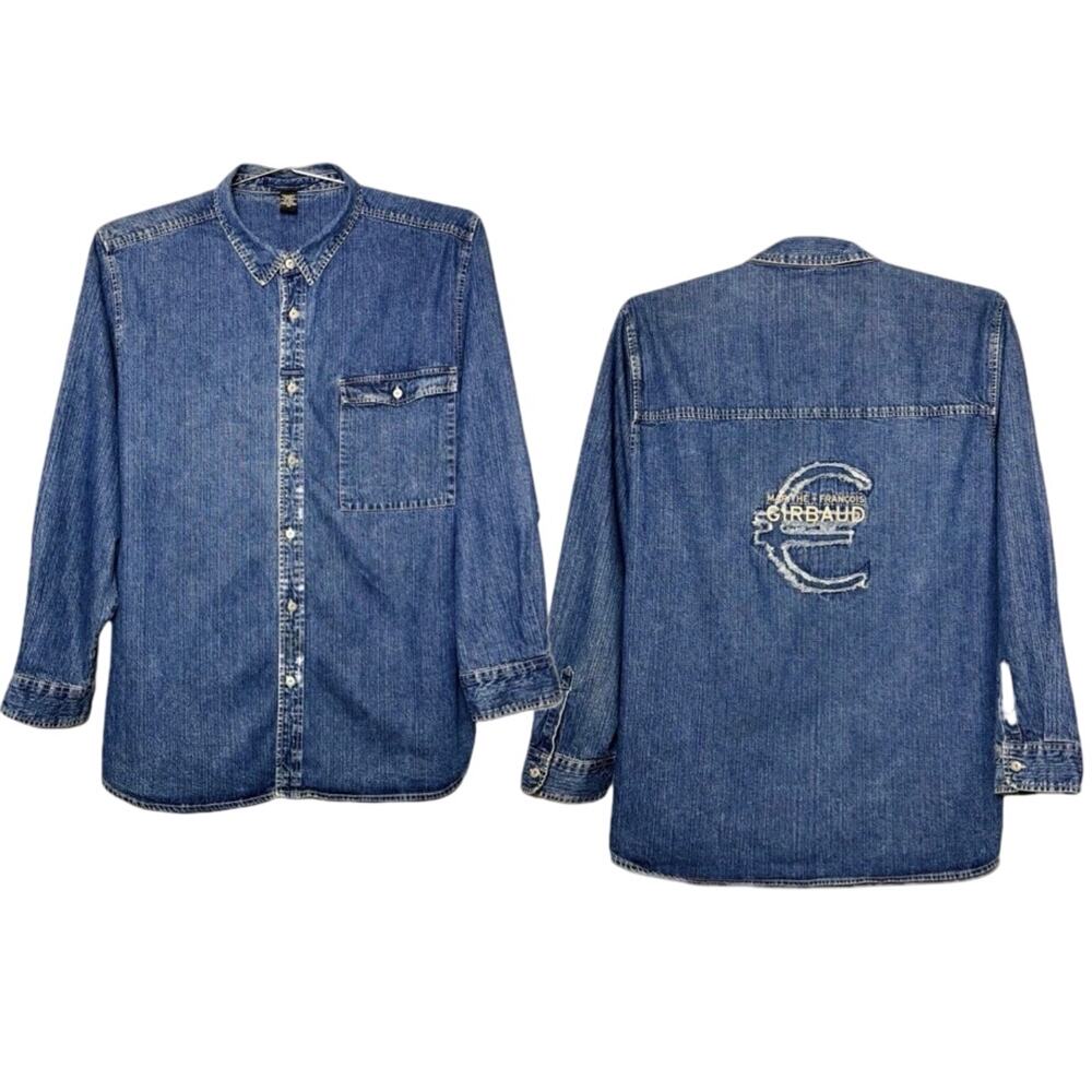 Vintage 90s Marithe Francois Girbaud 3XL Denim Shirt Jacket Blue Jean‎ Appliqué
